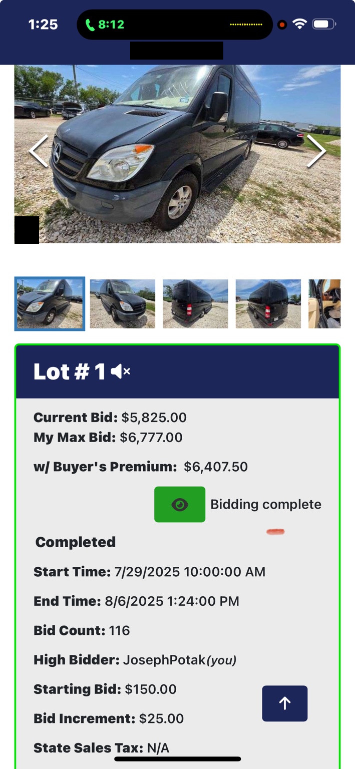 Completed auction result showing a $5,825 bid, $6,407.50 with buyer’s premium, and an August 6, 2025 end date. Auction-site branding is redacted.