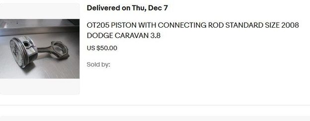 eBay order screenshot showing a piston with connecting rod for a 2008 Dodge Caravan 3.8, priced at US $50.00.