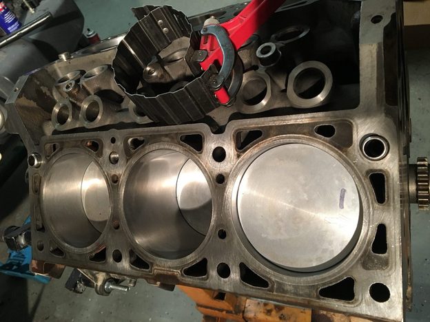 Piston crowns visible in three cylinder bores, with a ring-compressor tool resting above the engine block.